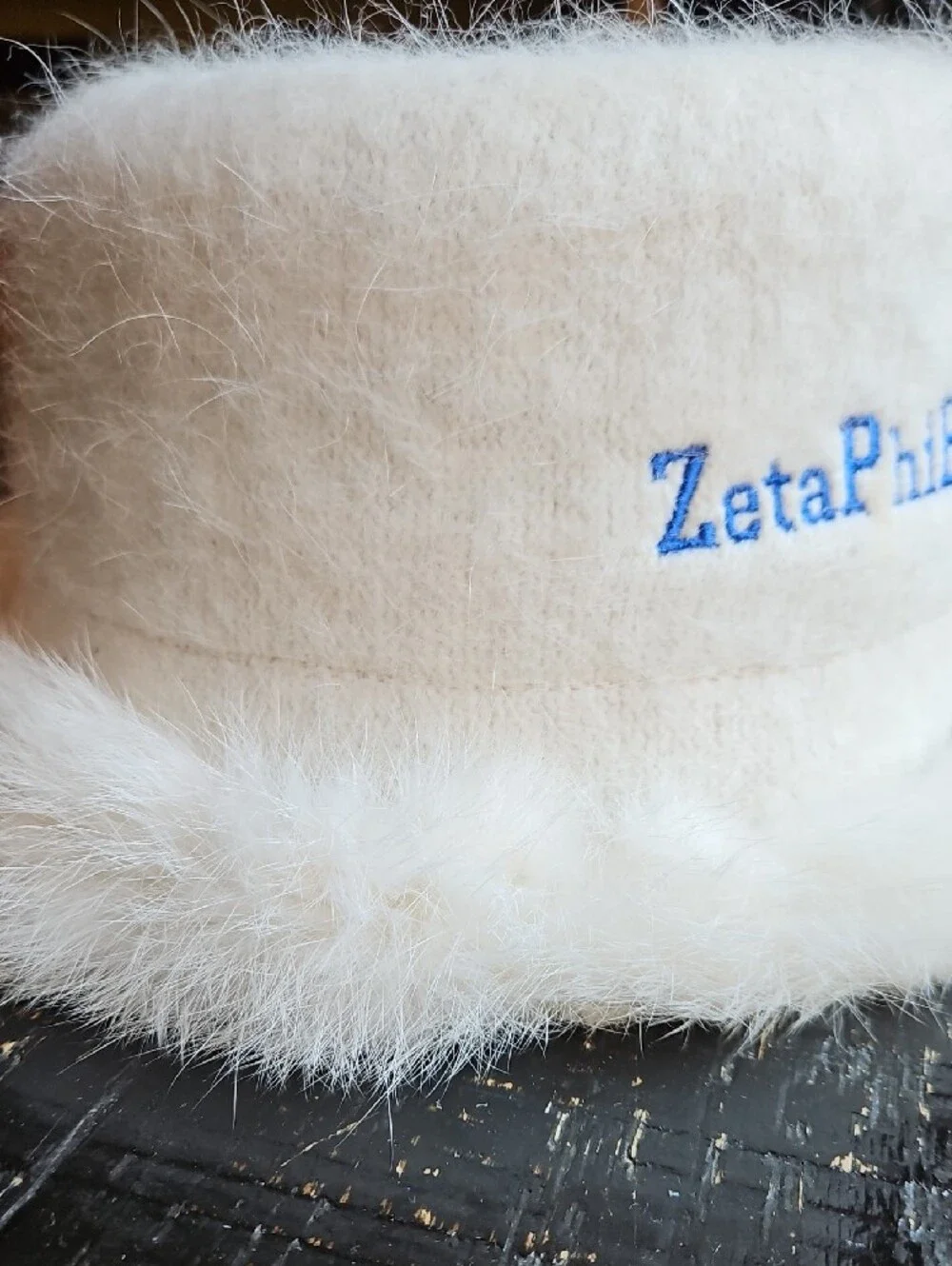New Ivory White Cream Angora Wool Fur Bucket Hat with ZetaPhiBeta Embroidery